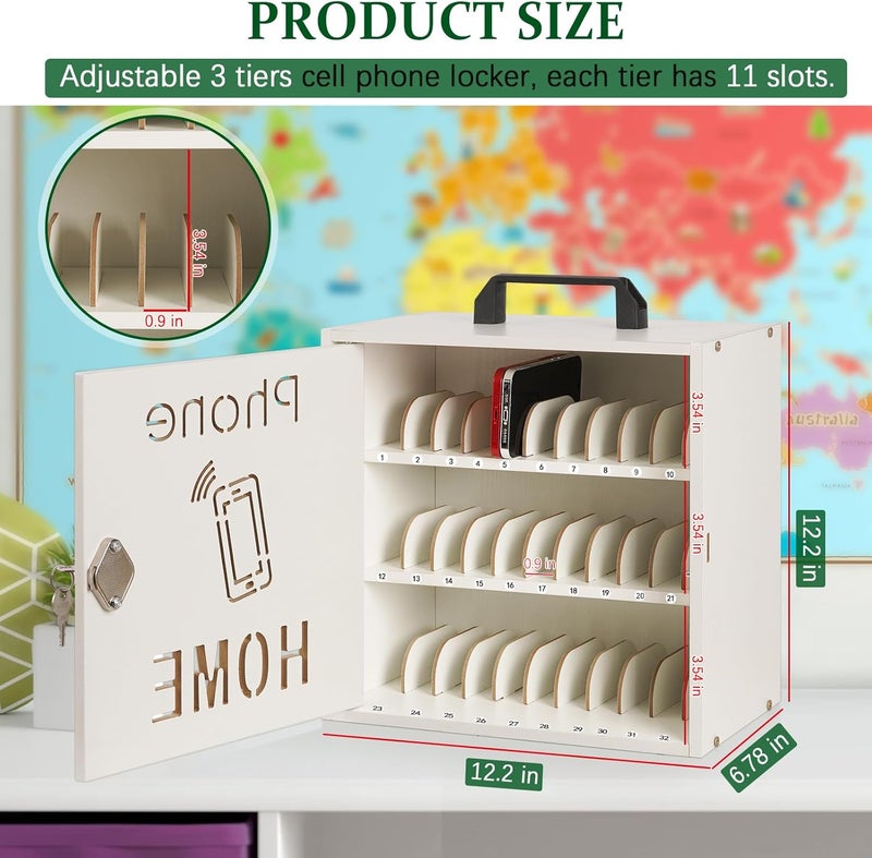 Echaprey Cell Phone Holder Classroom Adjustable 33 Slots Pocket Chart Wooden Cell Phone Storage Cabinet with Handle and Lock Desktop Cell Phone Holder for Classroom Office (White) - Image 2